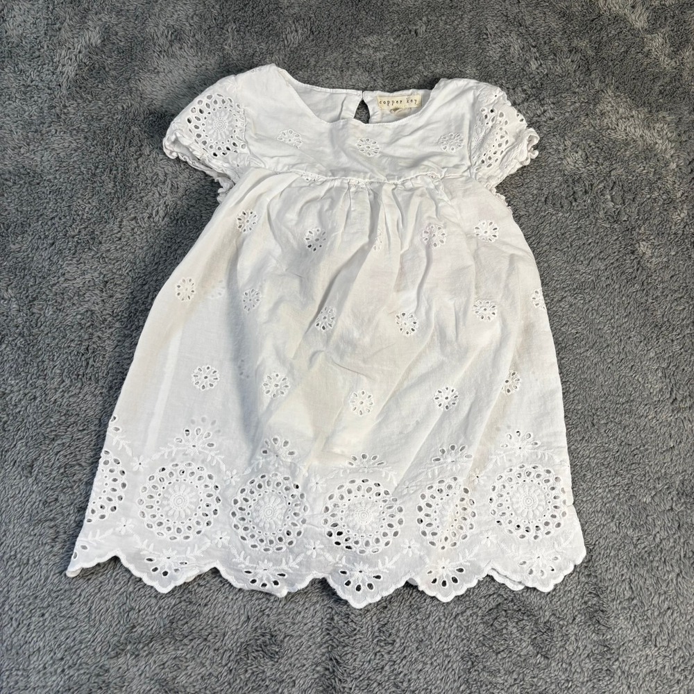 Copper Key White Eyelet Lace Cotton Dress Baby Girl Size 3M Short Sleeve Scallop